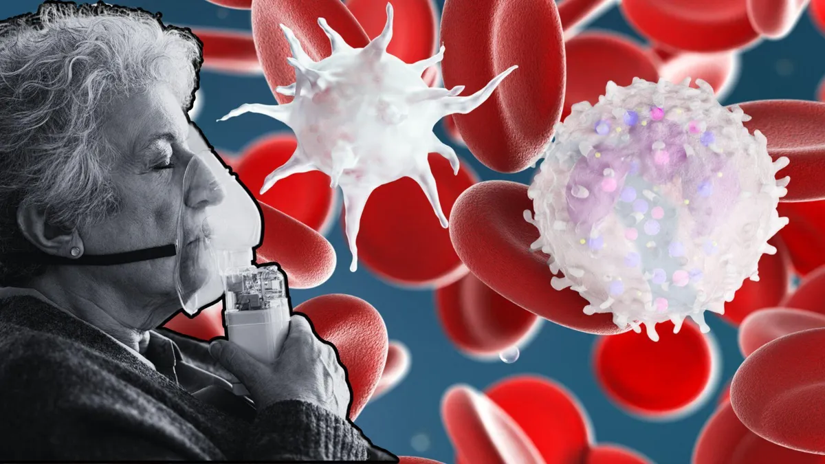 A digital illustration of red, white, and platelet blood cells/A black and white photograph of an elderly woman using an oxygen mask