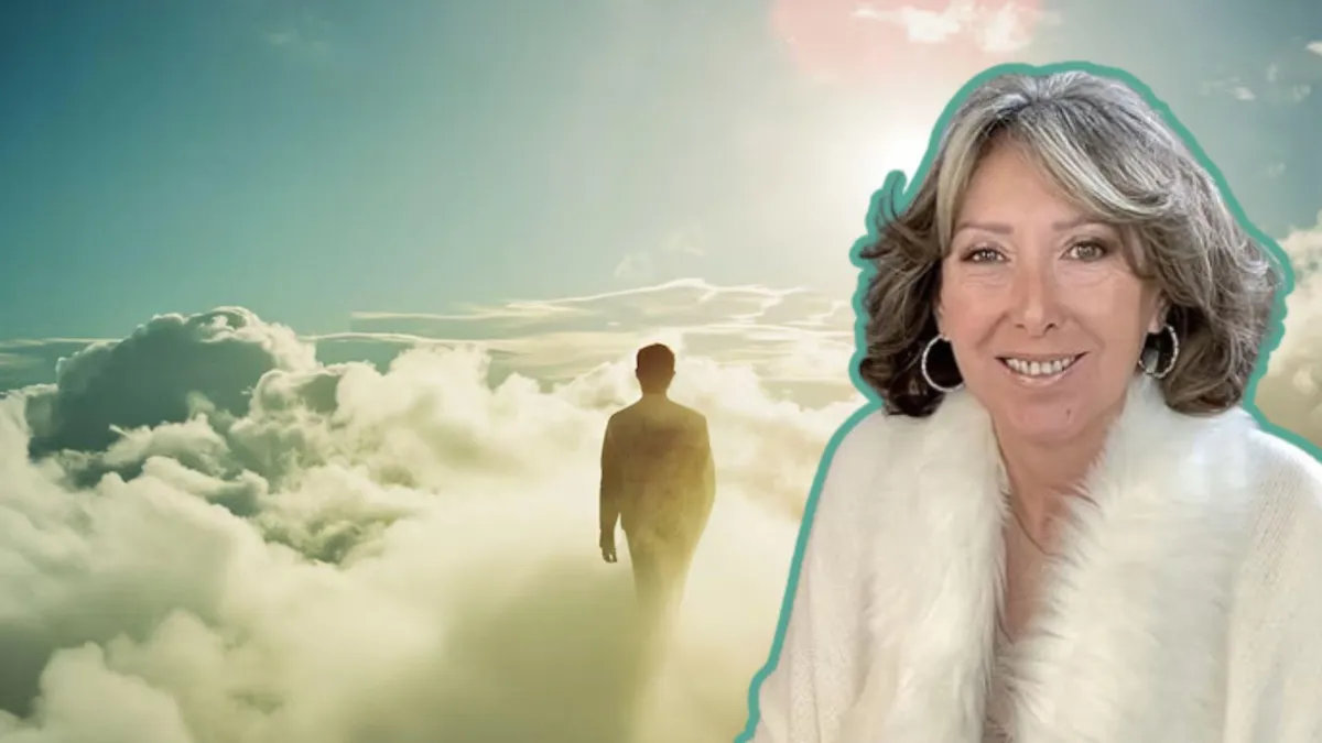 A digital illustration of a man walking among the clouds/A photograph of author and spiritual leader Julie Poole