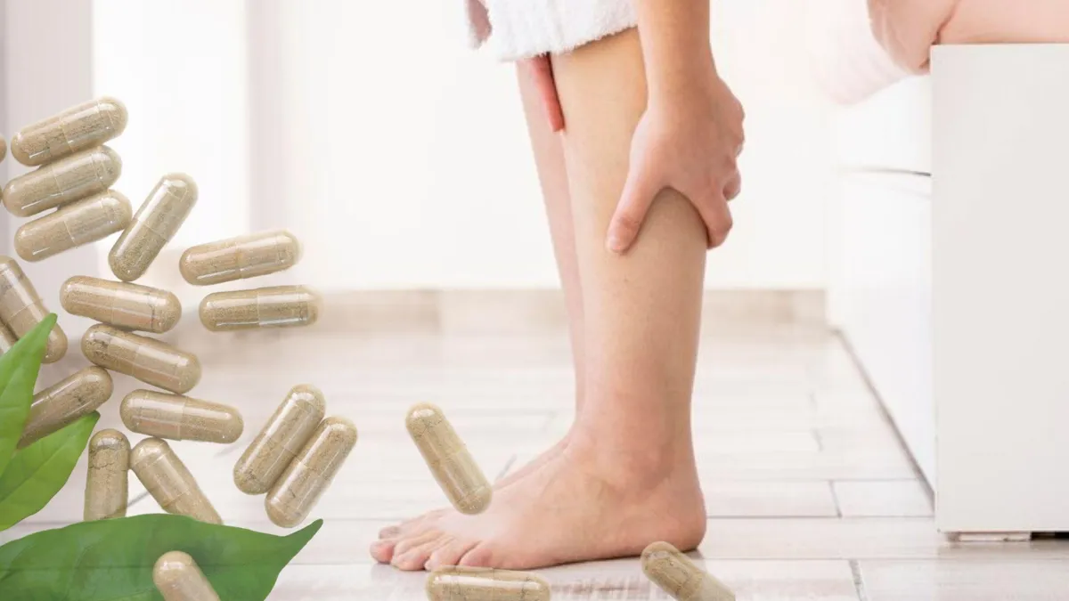 A woman is holding her legs, signifying pain, while standing next to her bed/Leaves and capsules of natural supplements