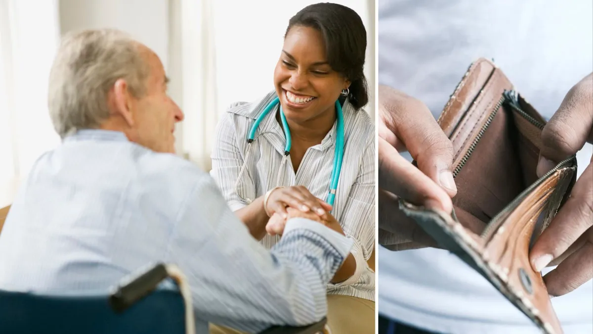 A side by side image of a woman caring for an elderly man and an empty leather wallet