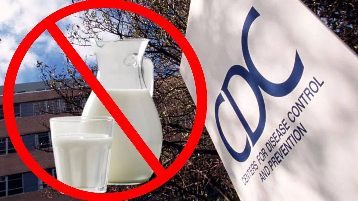 The entryway sign for the Centers for Disease Control and Prevention alongside a photograph of milk with a large red circle around it