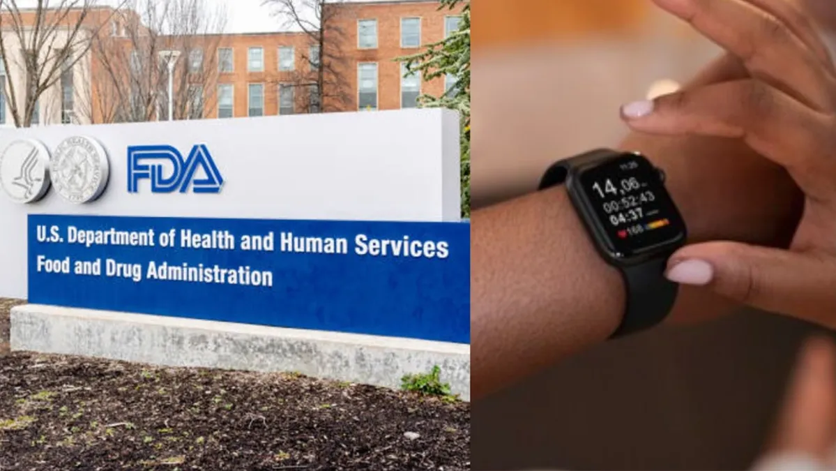Exterior sign at the FDA headquarters/Close-up of a smartwatch on a wrist