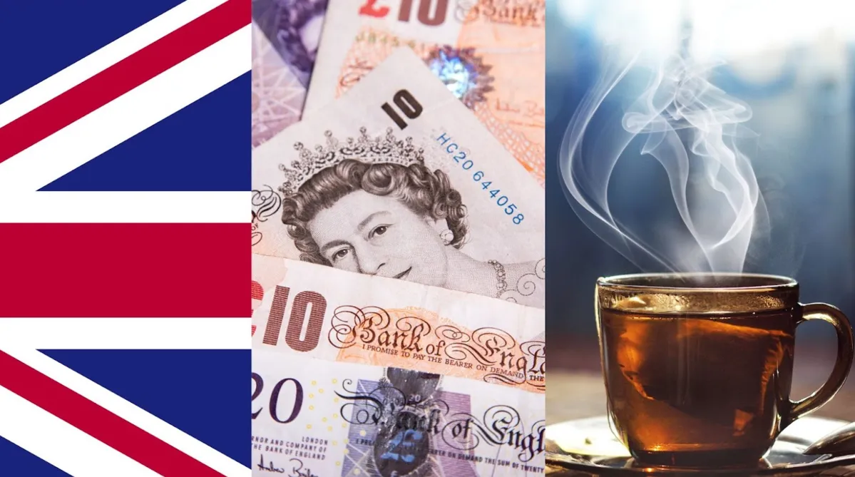 From left-to-right: A Union Jack, British currency and a teacup.