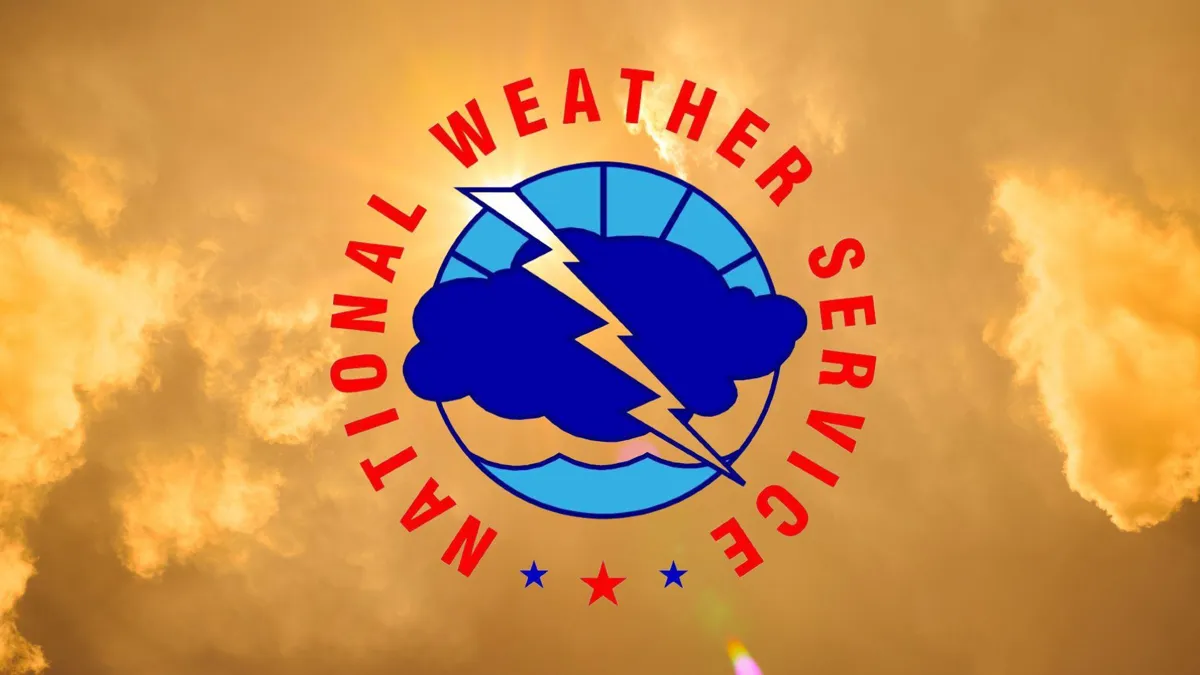 The National Weather Service logo against an orange sky