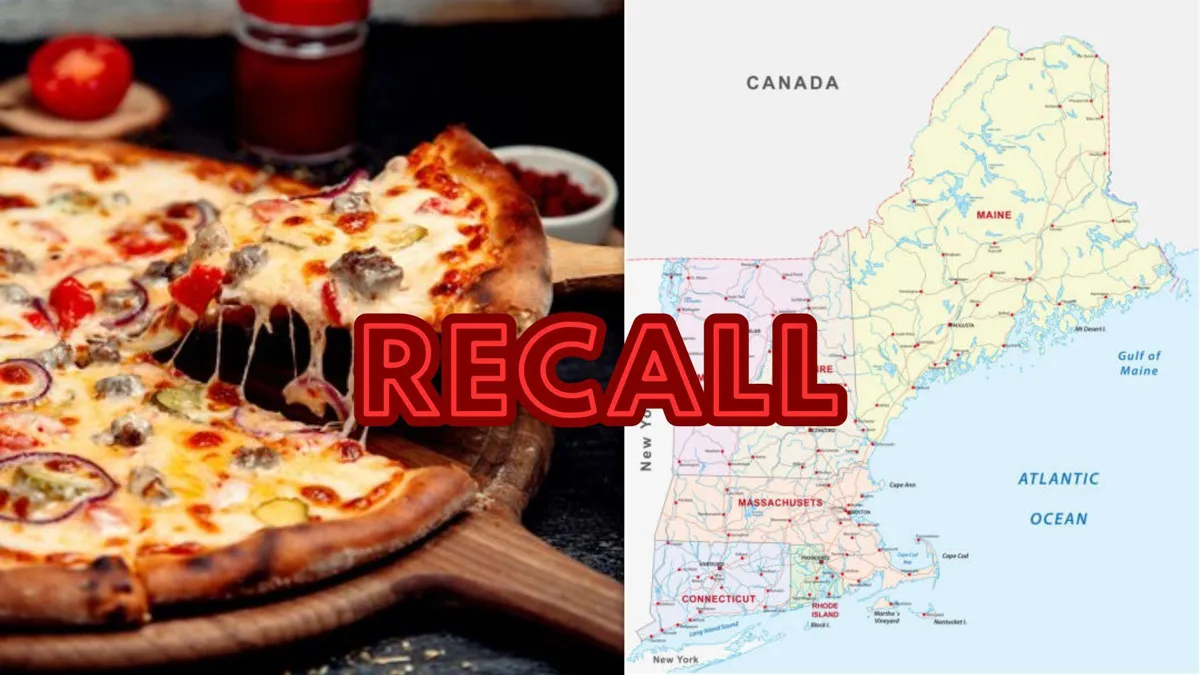 Photograph of a pizza on a table/Map of the northeast area in the United State with the words “RECALL” written in red