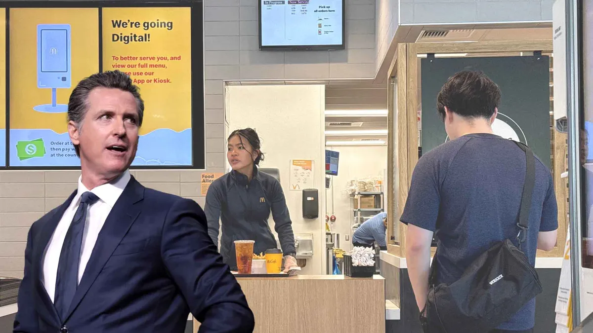 A McDonald's worker prepares to deliver an order at a McDonald's restaurant with Gavin Newsom overlaid on top
