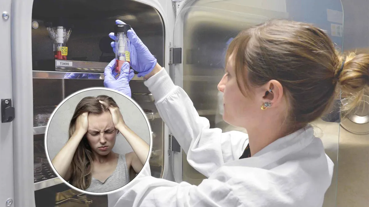 scientist conducting research with test tubes and girl with a headache overlaid