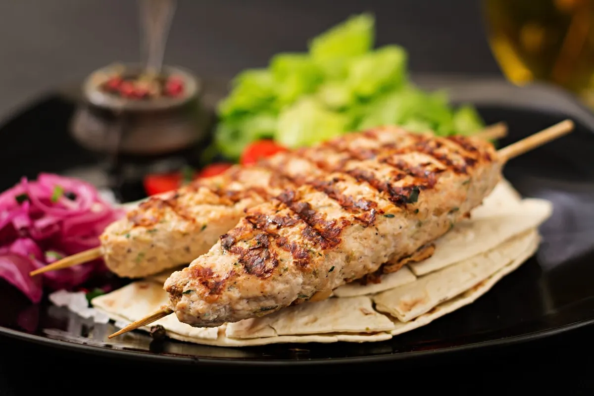 Chicken kebab with fresh vegetables on a dark plate