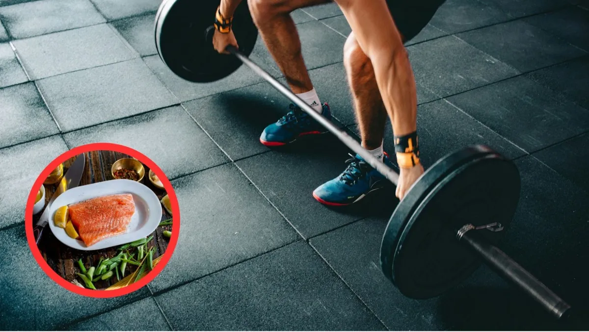 A piece of salmon on a white plate; a man picking up a barbell.