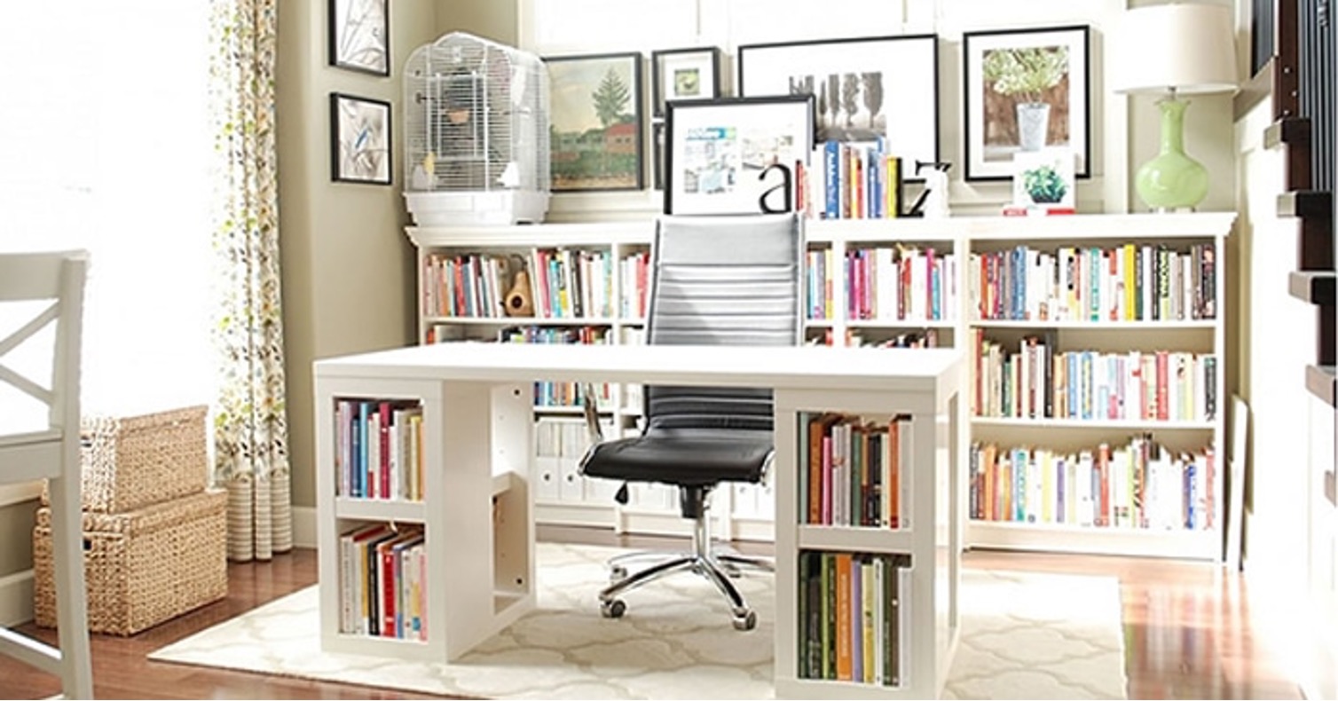 Desk and storage beside a window