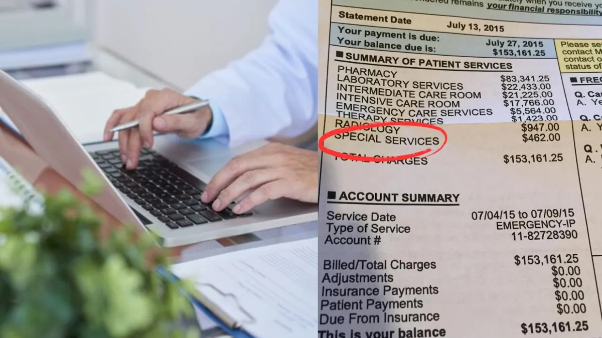 Man typing on a laptop with a pen in his hand/A detailed medical bill totaling $153,161.25