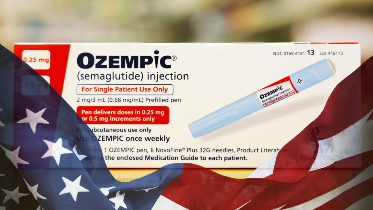 A photograph of Ozempic medication on a pharmacy counter/A photograph of an American flag