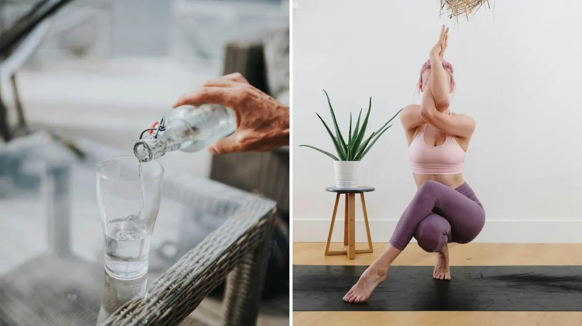 A person pours water into a clear glass; a woman does a yoga pose on a mat.