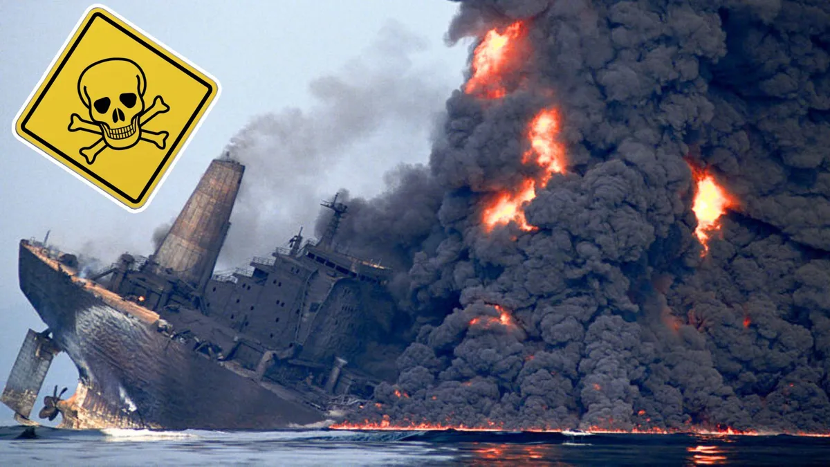 A large oil tanker engulfed in flames with black smoke and a skull and cross bones sign on the photo