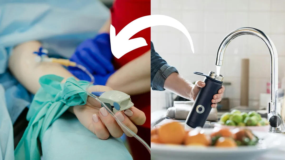 A split image with a patient hooked up to a finger monitor and an IV drop on one side and a man filling a black water bottle in a kitchen sink on the other