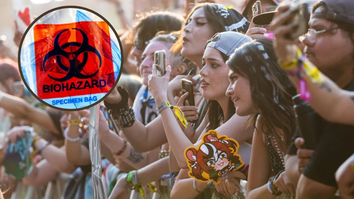 A crowd of people at a music festival with a biohazard logo imposed on the photo