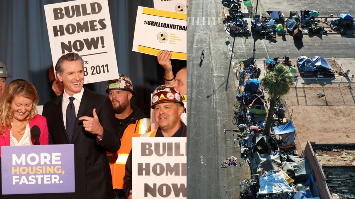 A split photo with Gavin Newsom on one side standing with a team of construction workers holding signs in support of building new homes. The other photo depicts multiple tents and homeless encampments on a street.