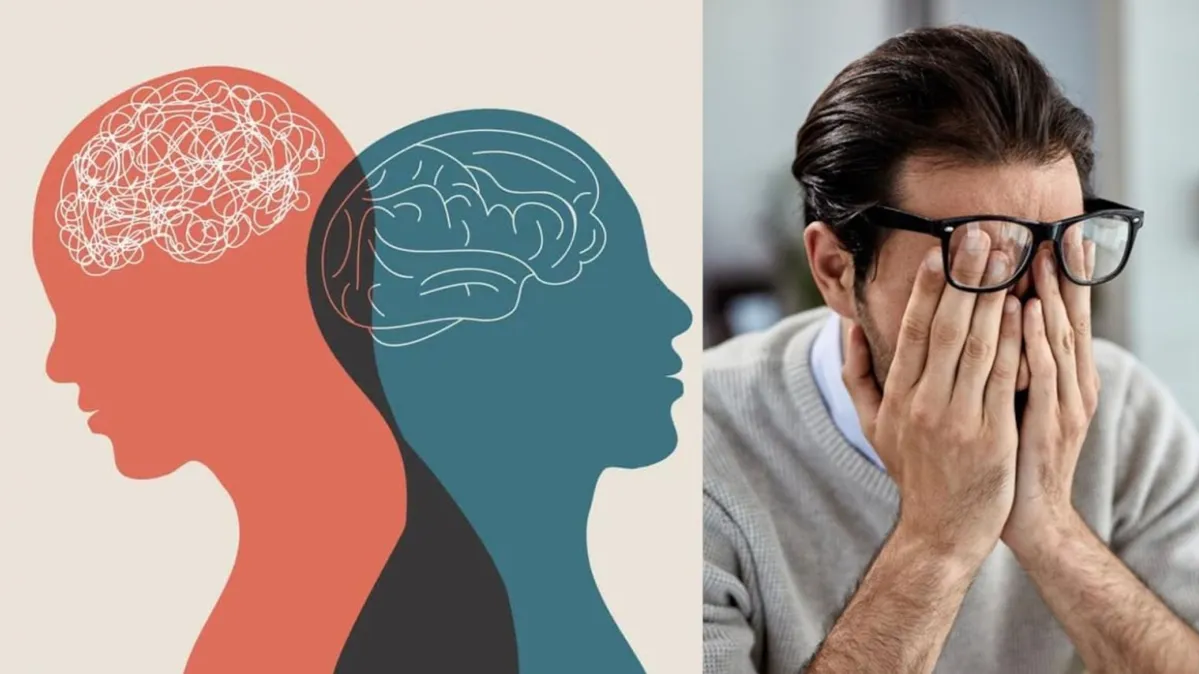 An illustration of two people back to back, one with a standard brain, and the other with a maze of lines/A man holds his head in his hands, clearly stressed