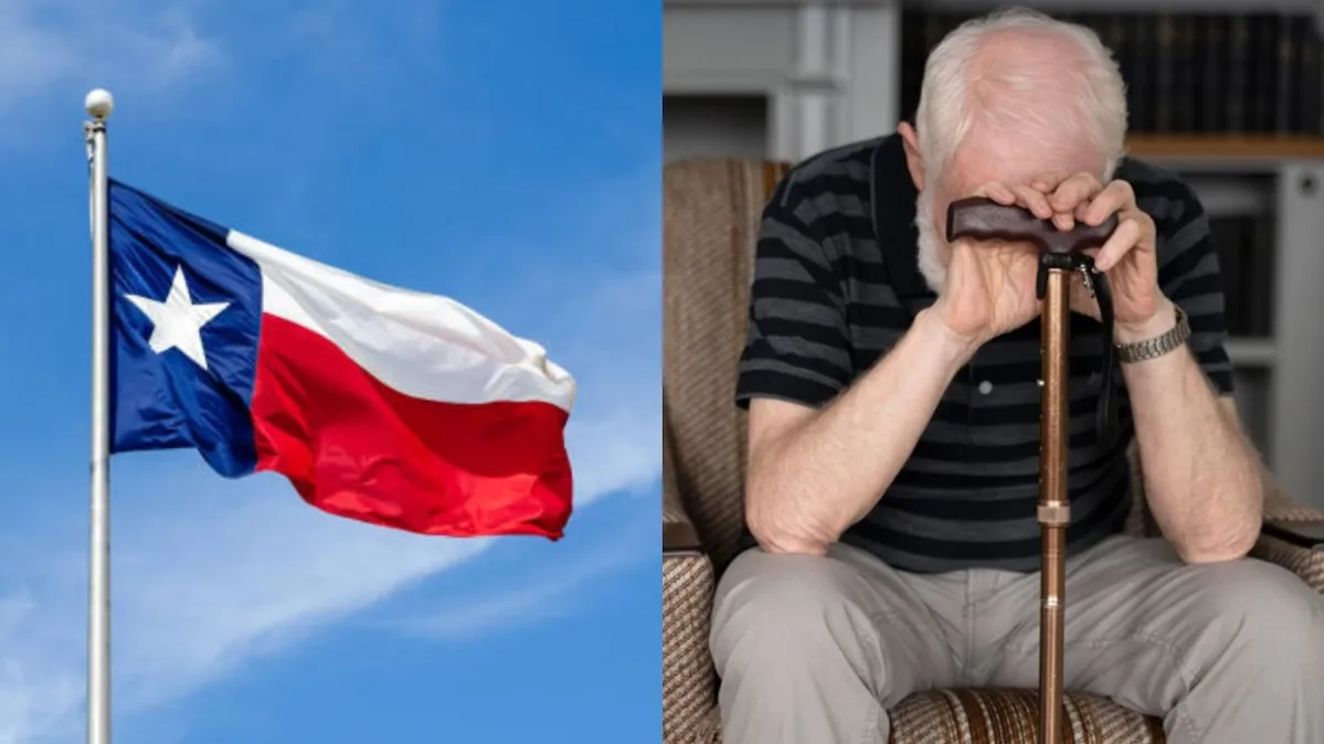 A Texas flag flies against a blue sky/An elderly man rests his head on his cane