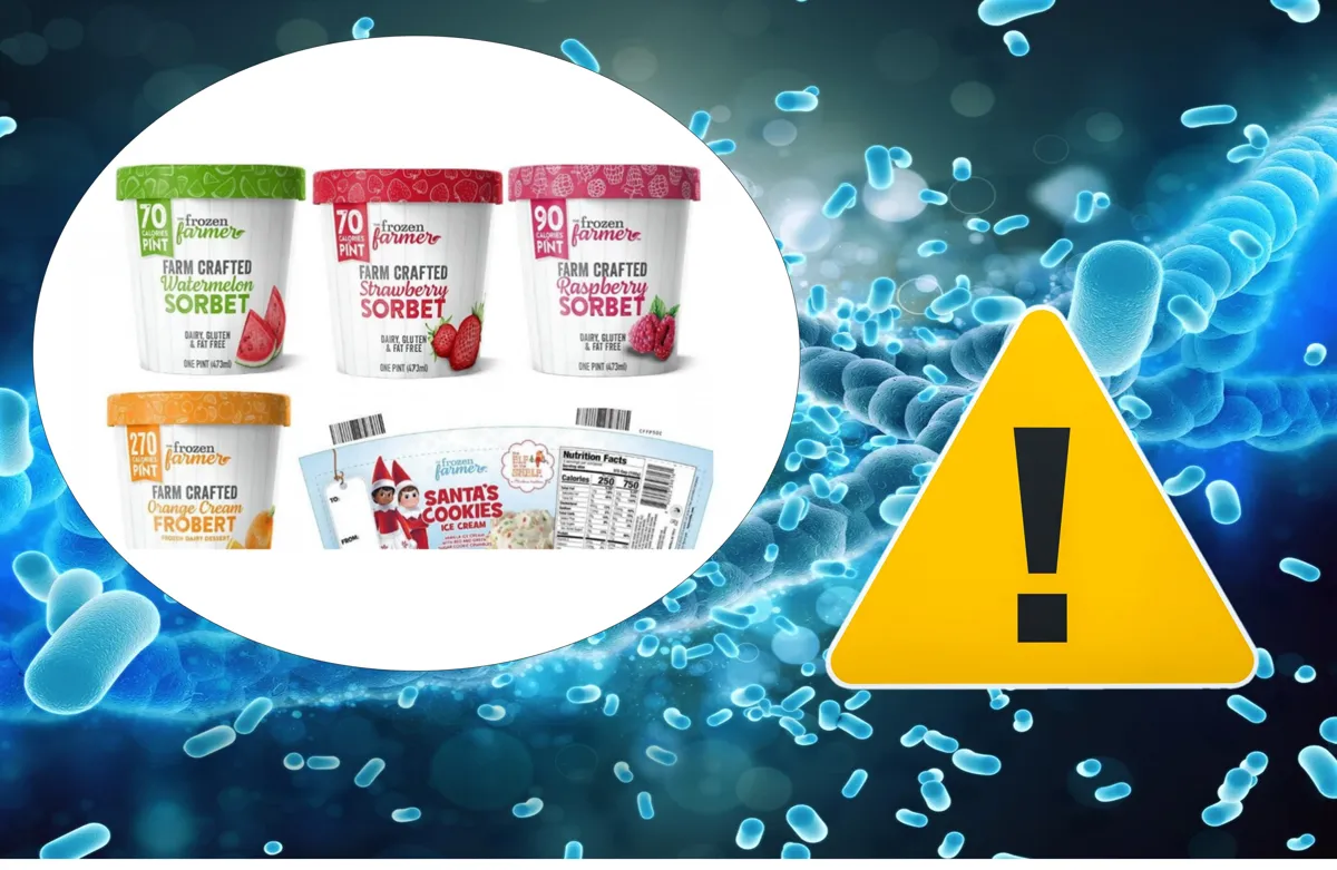 Listeria concept background, Frozen Farmer ice cream on top left and warning sign on bottom right