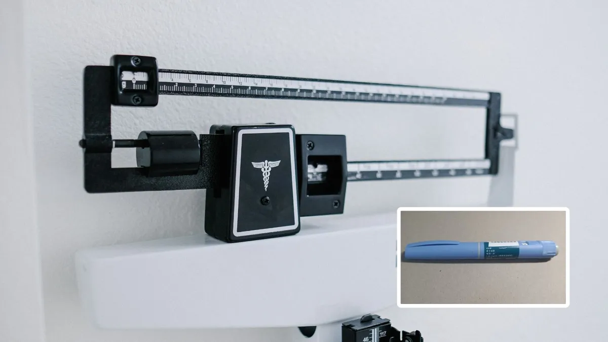 A weight scale at a doctor’s office; an Ozempic drug.