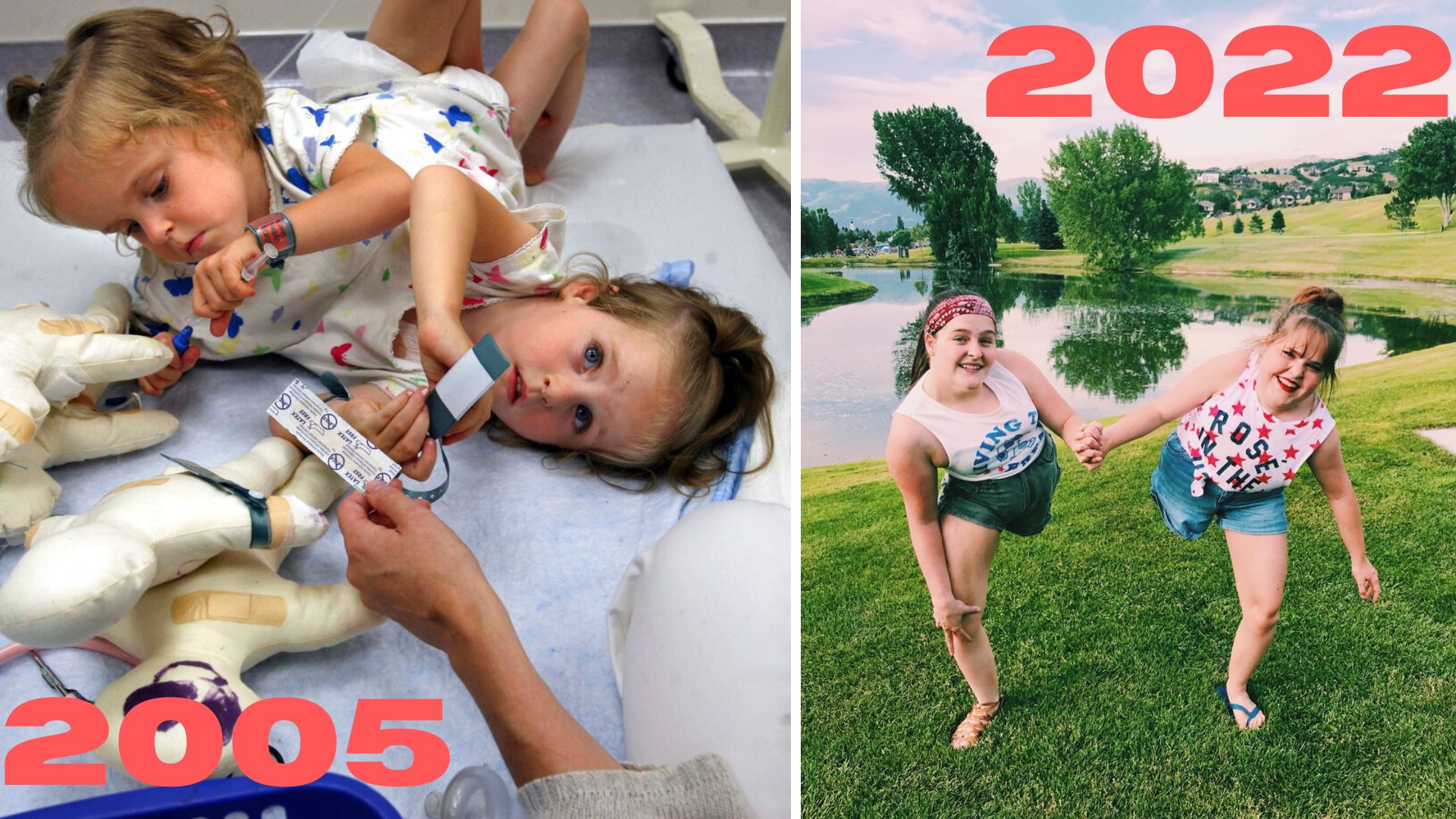 An archived collage of the Herrin twins as children and in a photograph marked 2022