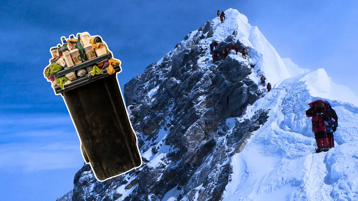 The summit of Mount Everest on a clear day imposed with a photo of an overflowing garbage can