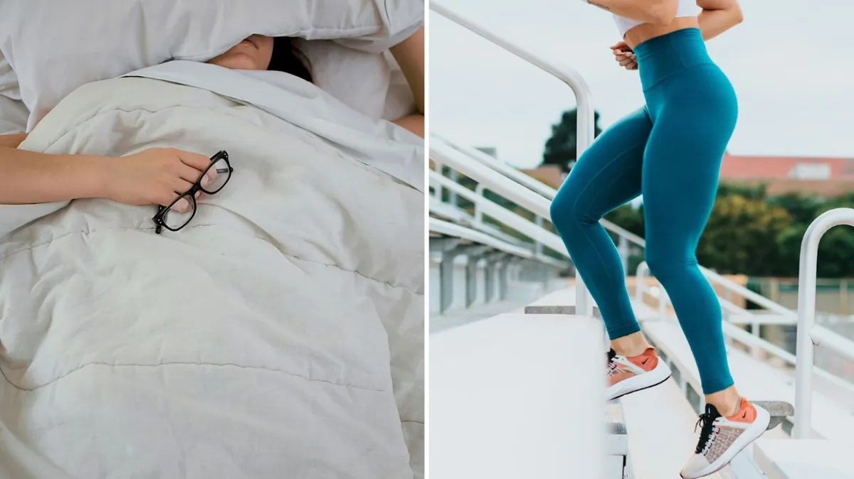 A woman sleeps underneath white blankets and pillows, holding her glasses in one hand; a woman in athletic clothes runs up stadium steps in the daytime.