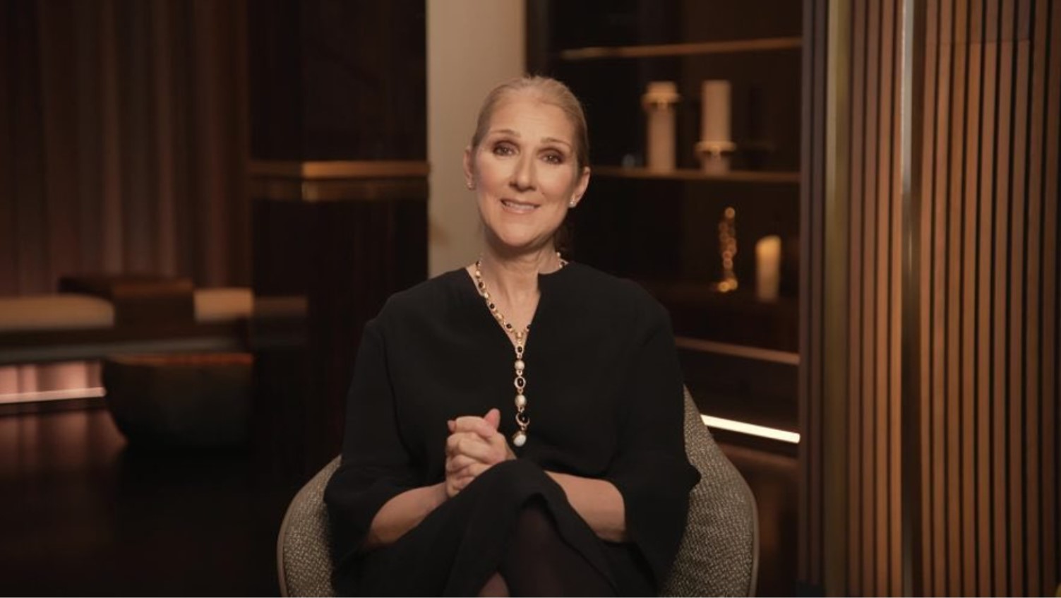 Céline Dion seated for an interview