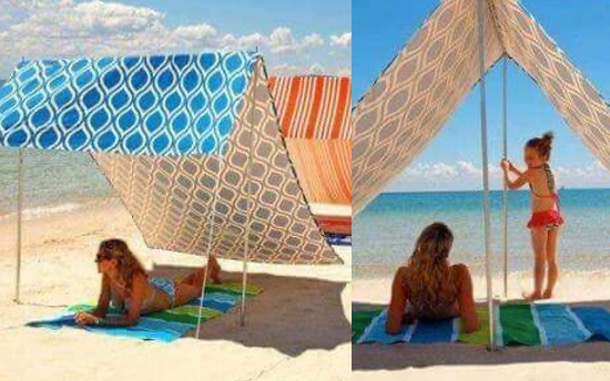 Archive composite showing fabric shade structures on a beach.