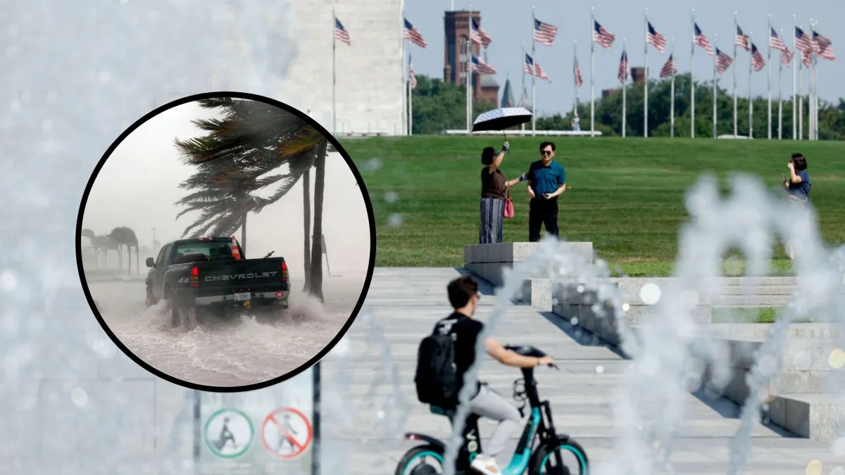 A boy rides a bike through a water fountain with a green field with American flags in the background and a photo of a truck caught in a tropical storm imposed over the photo