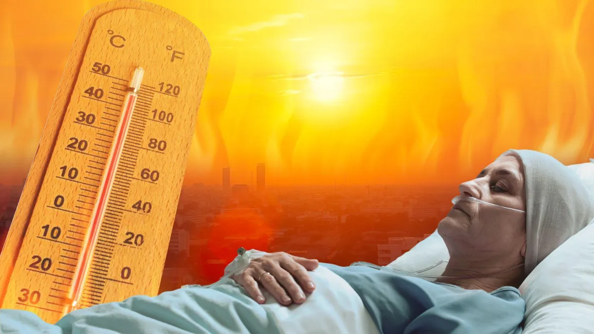 A digital illustration of a thermometer next to a heat wave/A hospital patient lies unconscious in bed