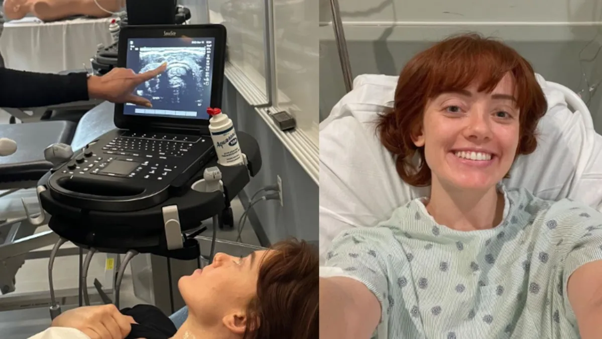 Sally Rohan getting her thyroid looked at through an ultrasound machine/Sally Rohan in a hospital bed