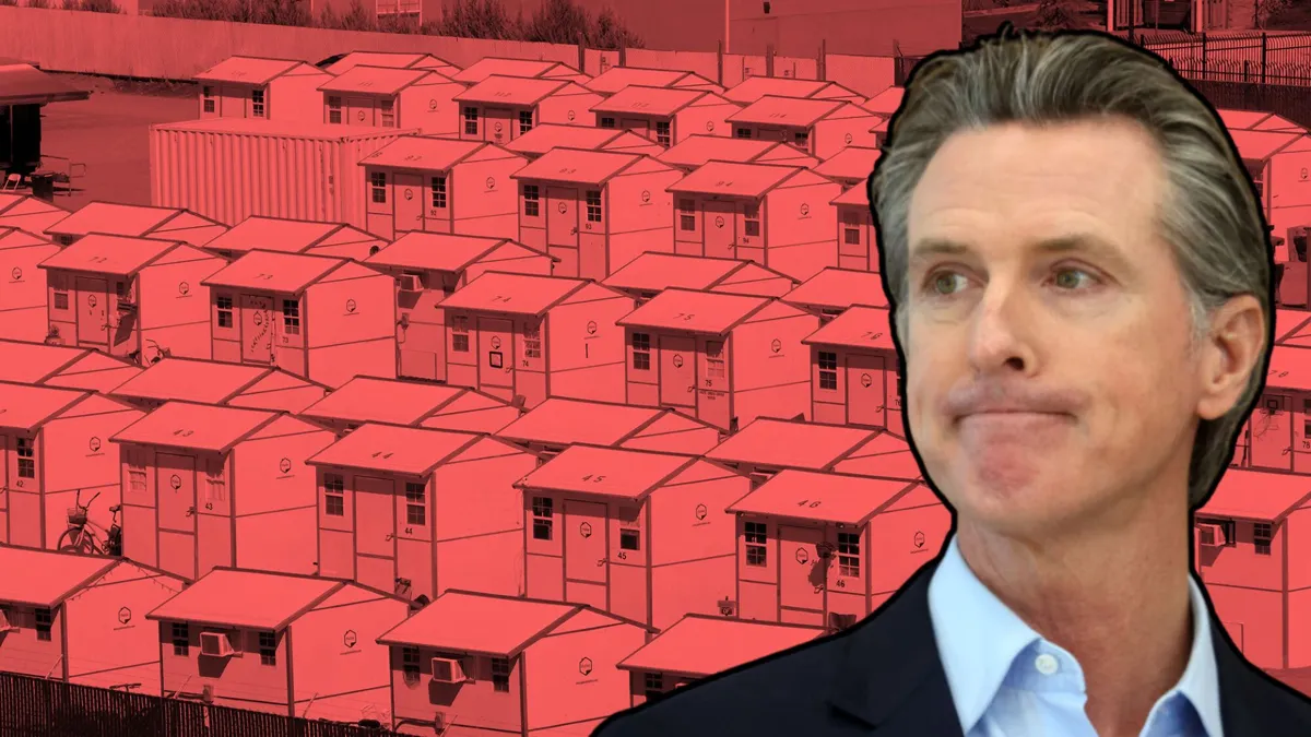 A photograph of the tiny homes being built for the homeless in California tinted in red/The governor of California, Gavin Newsom, looks disappointed