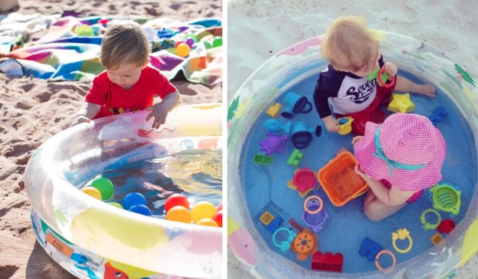 Archive composite of young children playing in small inflatable pools.