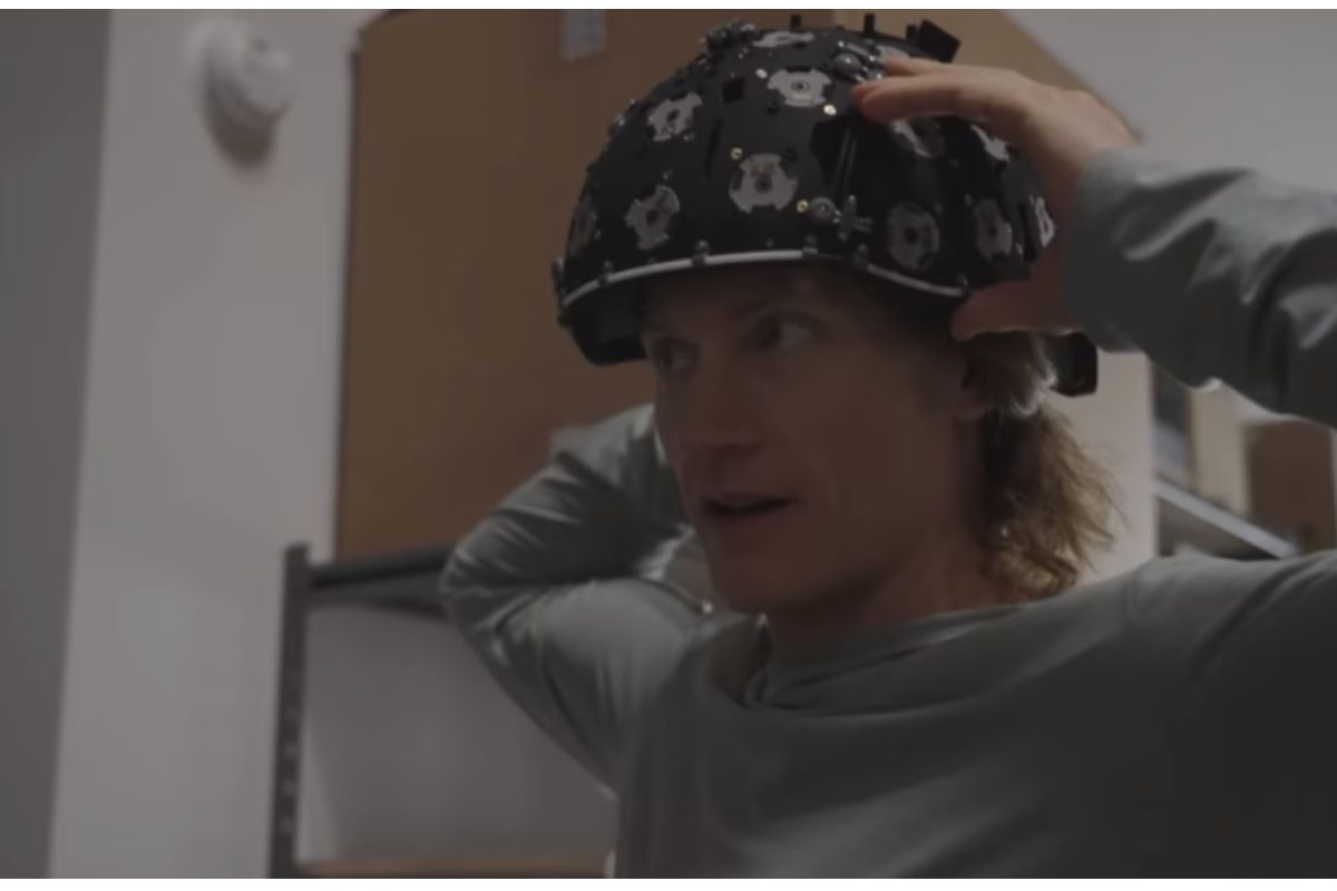 Bryan Johnson wearing a sensor cap