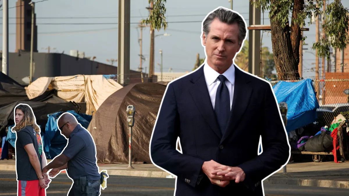 Governor Gavin Newsom wearing a black suit and standing in front of a homeless camp with a man being arrested