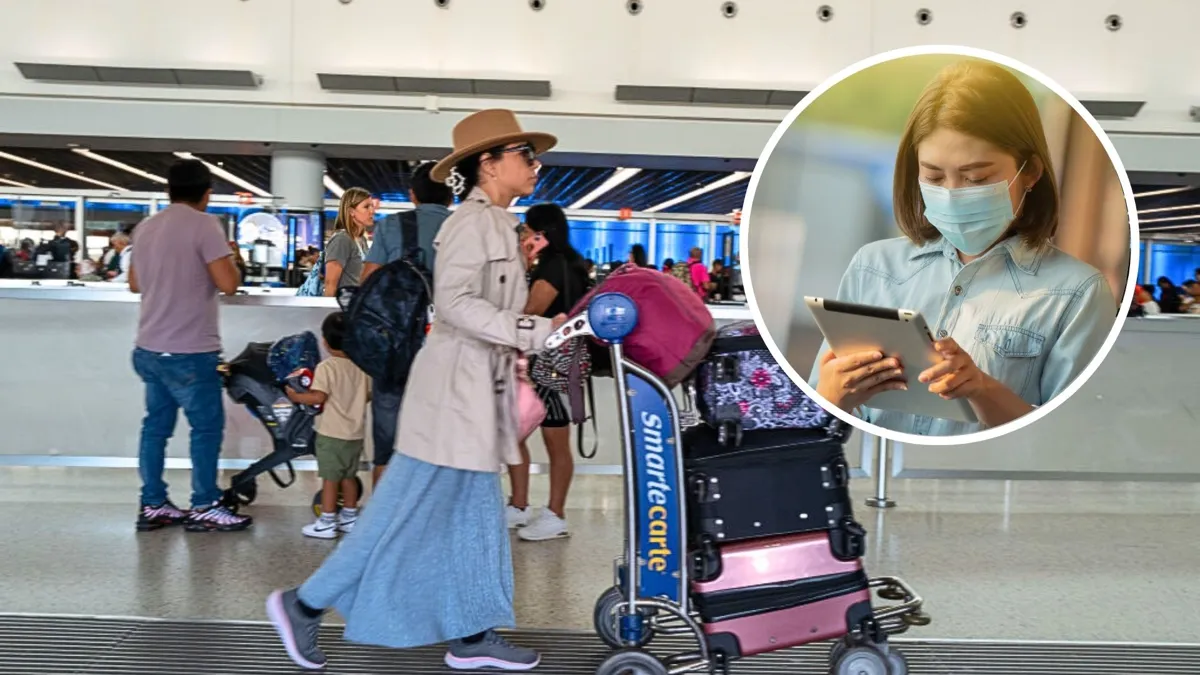 A woman walking through a busy airport with luggage in a cart imposed with a photo of a woman wearing a mask and looking at an iPad