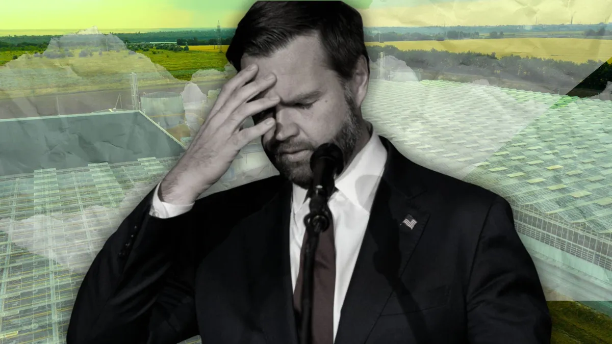 A black and white photo of JD vance over a green house background