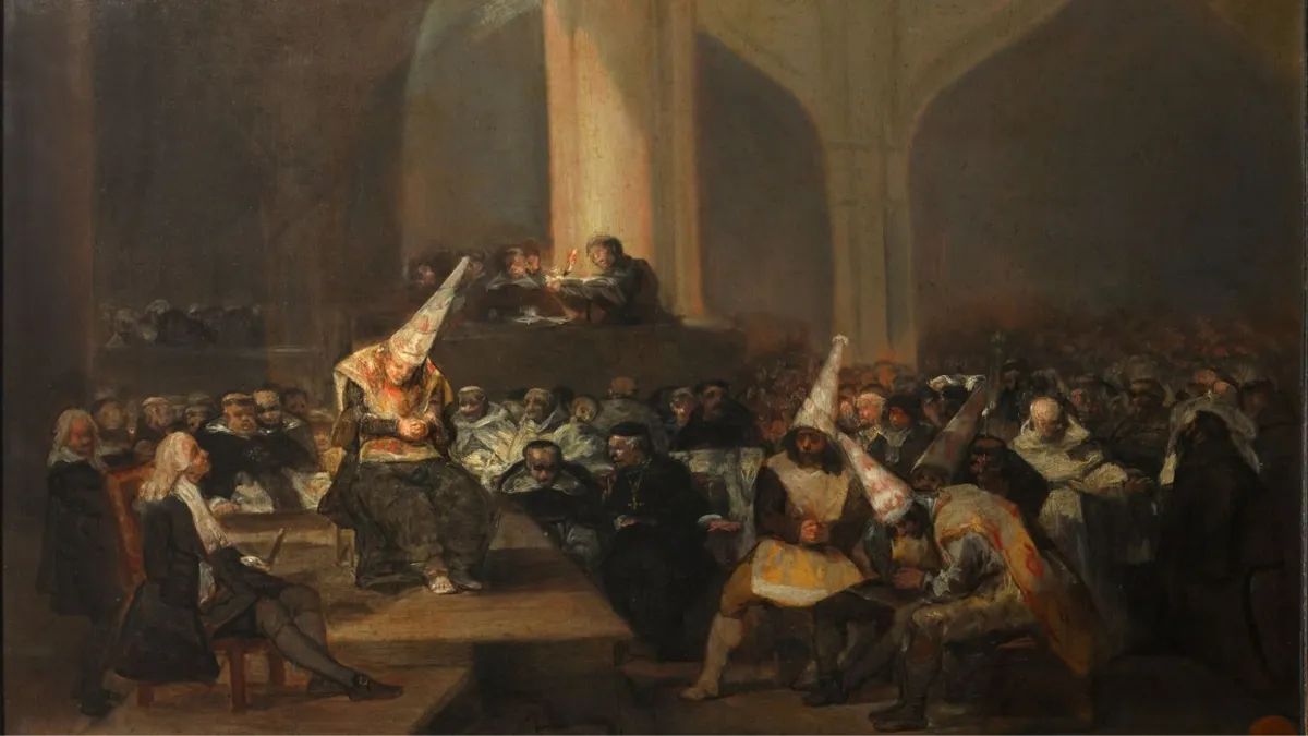 An 1800s painting by Francisco Goya of the Spanish Inquisition, with many people on trial sitting down.