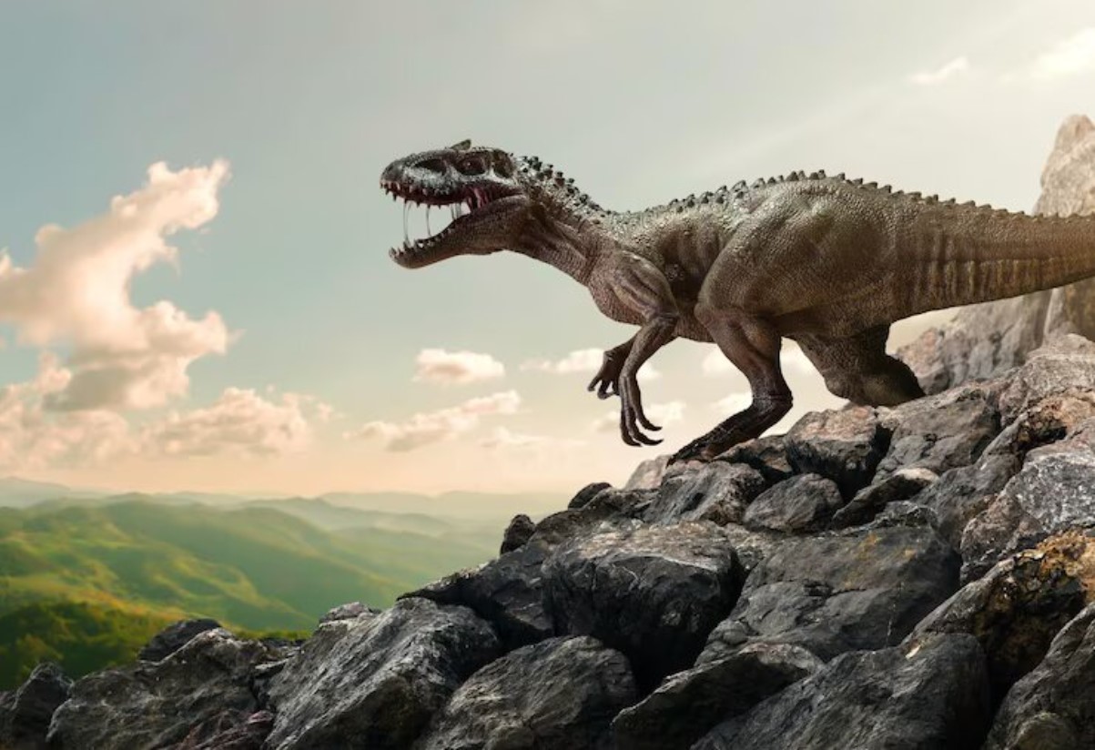 Editorial illustration of a large predatory dinosaur in a rocky landscape.