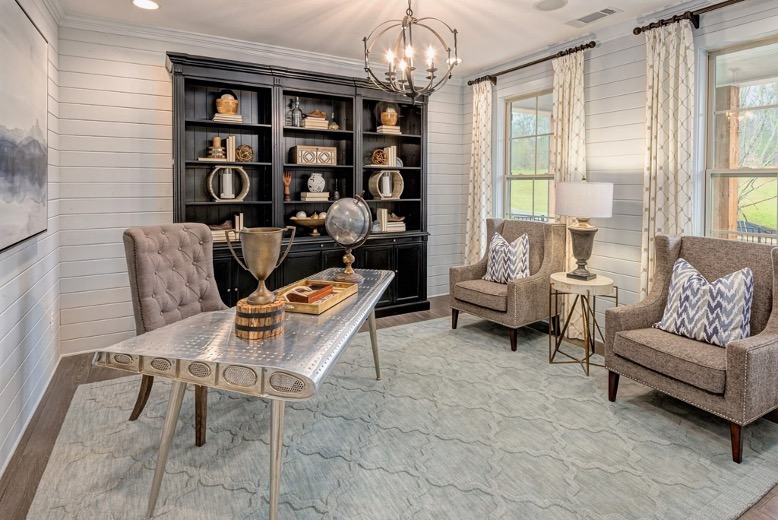 Living area with armchairs and shelves