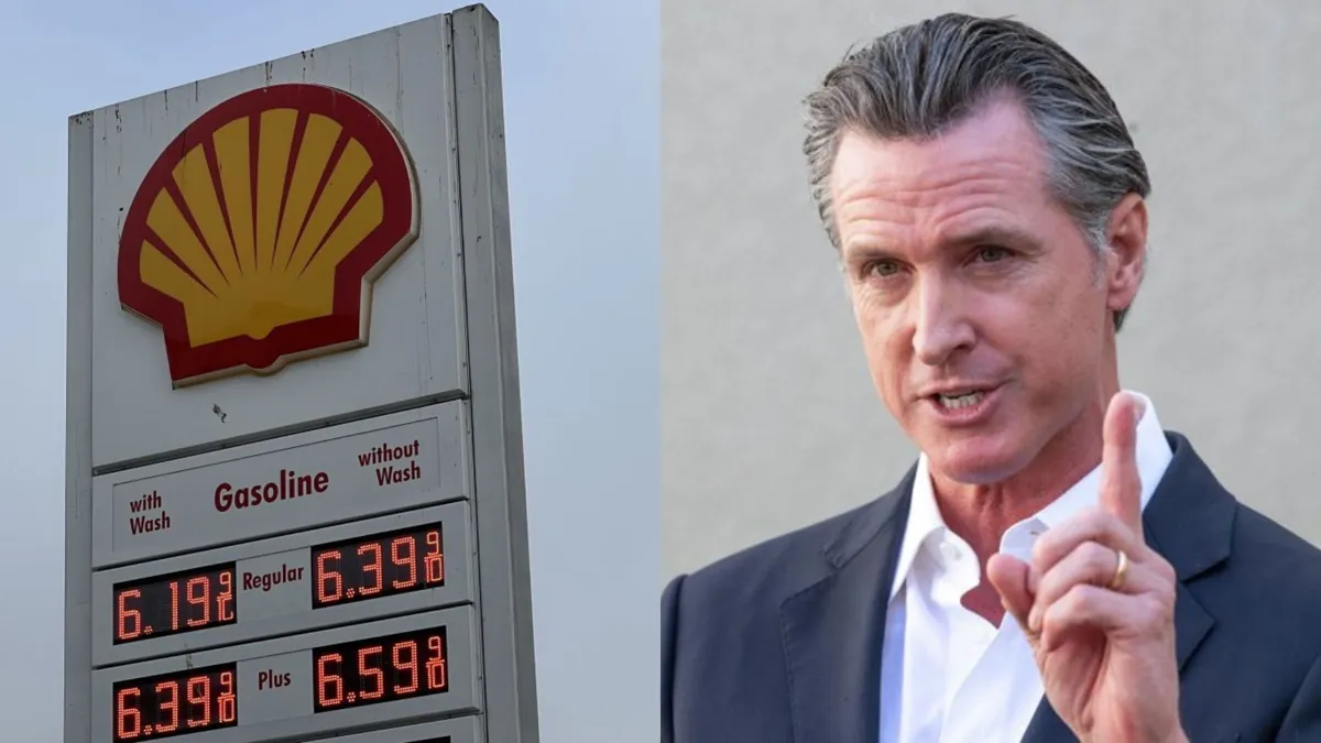 A split photo with a Shell gas station sign with prices illuminated in red and a photo of California State Governor Gavin Newsom wearing a black suit and holding his finger up in the other