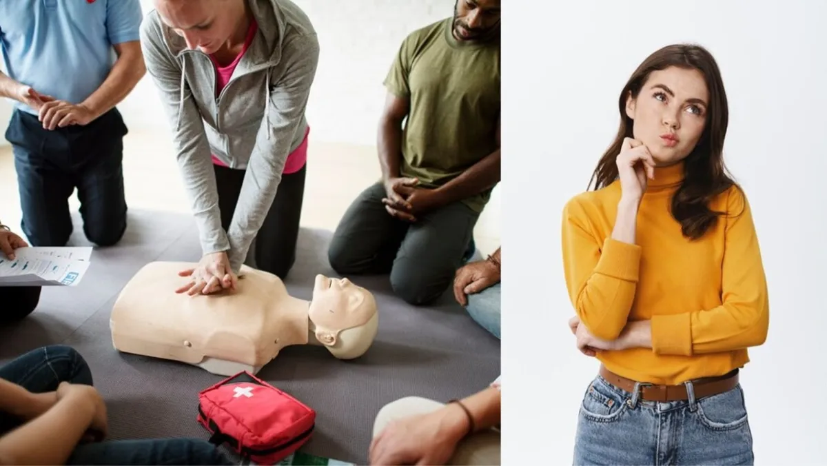 First aid responder teaching a class how to give chest compressions on a mannequin/A woman looks confused as she tries to answer a question