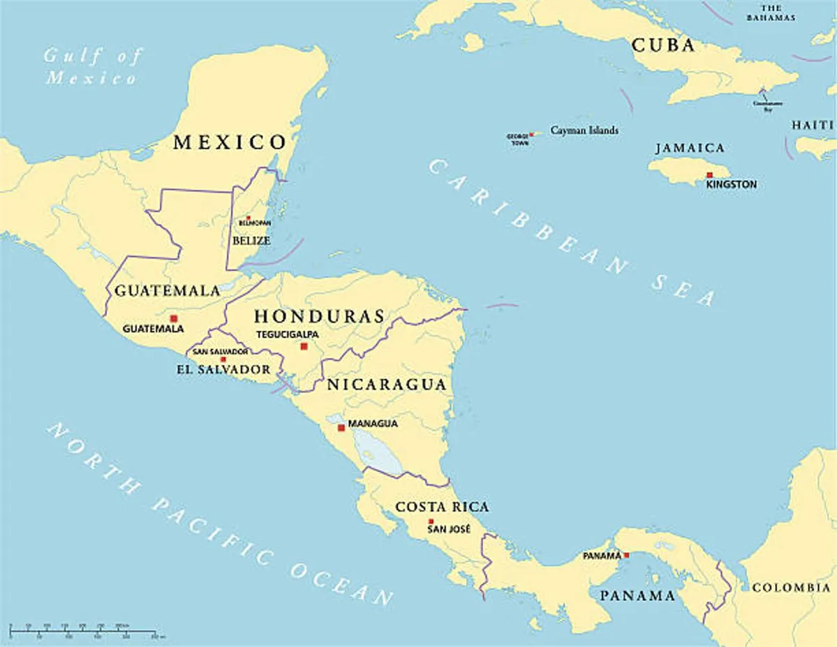 A map of Central America and part of the Caribbean