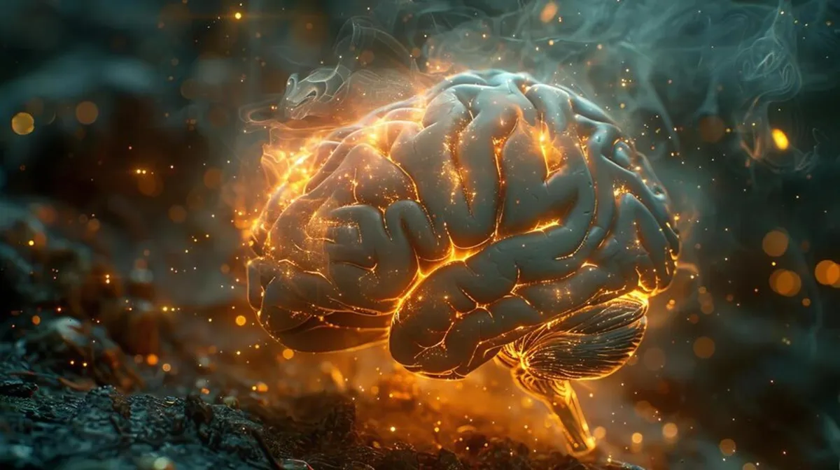 A digital illustration of a brain lit up with activity