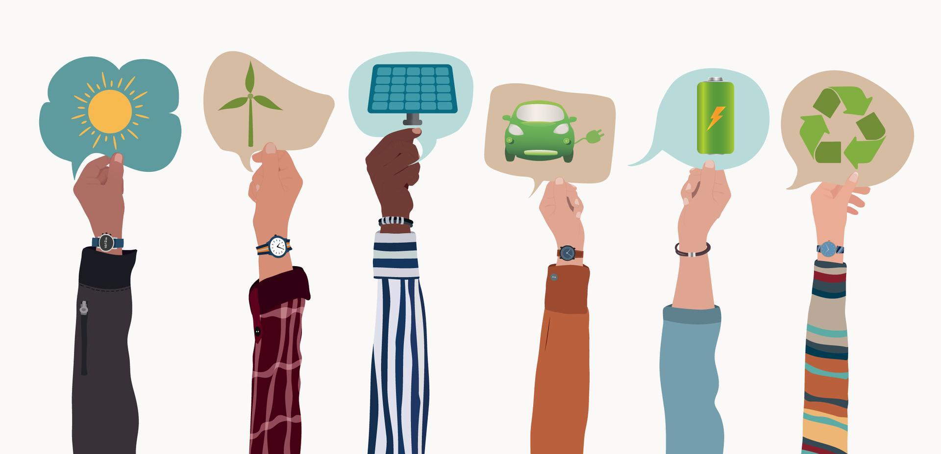 Hands holding environmental symbols; illustrative archive image.