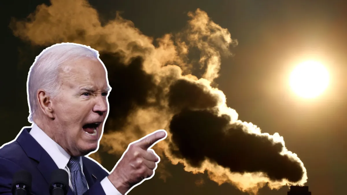Joe Biden yelling and point his finder with a large plume of smoke in the background