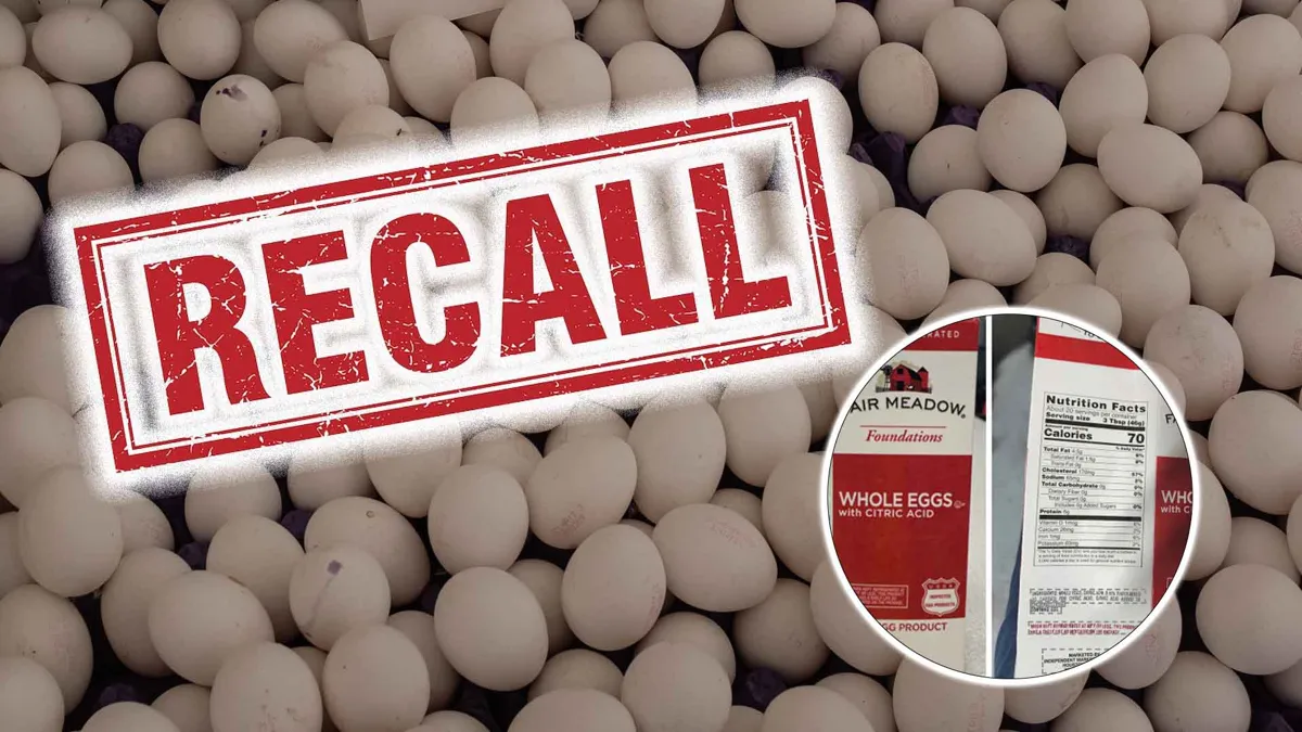 Thirty-pack of eggs is seen for sale with recalled product overlaid